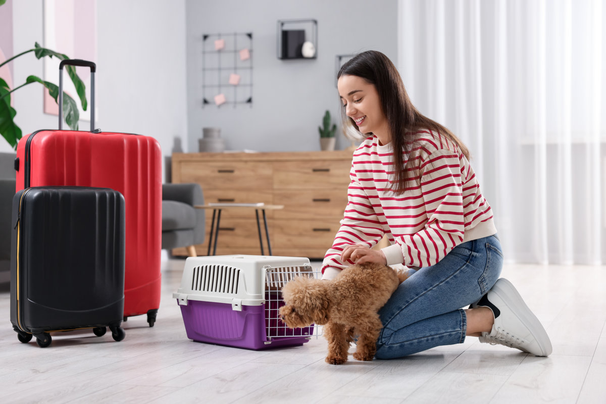 Smiling woman preparing to travel with her dog at home